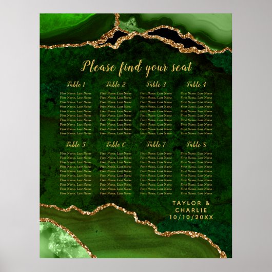 Green and Gold Agate Wedding Seating Chart Poster (Vorne)