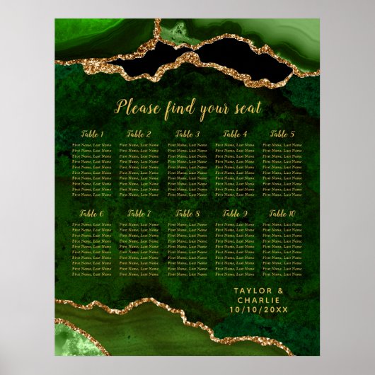 Green and Gold Agate Wedding Seating Chart Poster (Vorne)