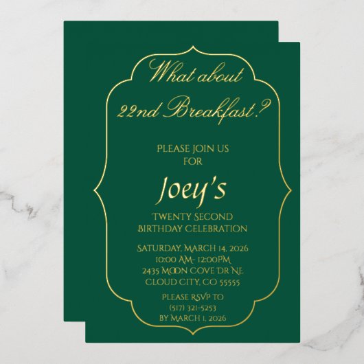 Green and Gold Breakfast Birthday Invitations Folieneinladung (Vorderseite/Rückseite)