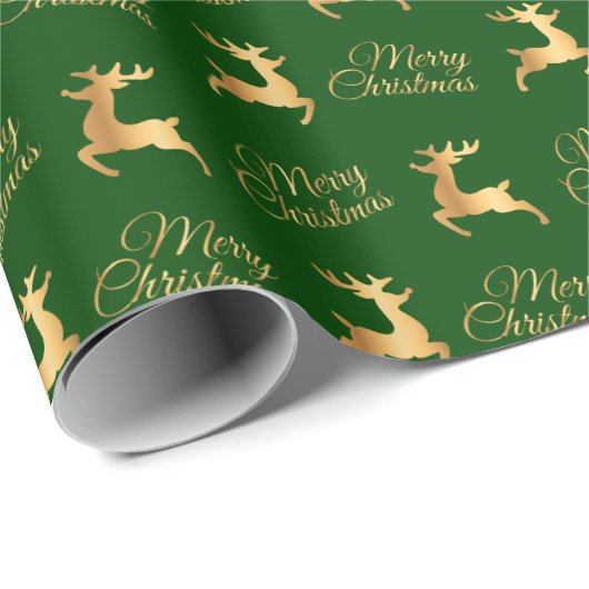 Green and Gold Christmas Reindeers Geschenkpapier (Rolleneckpunkt)