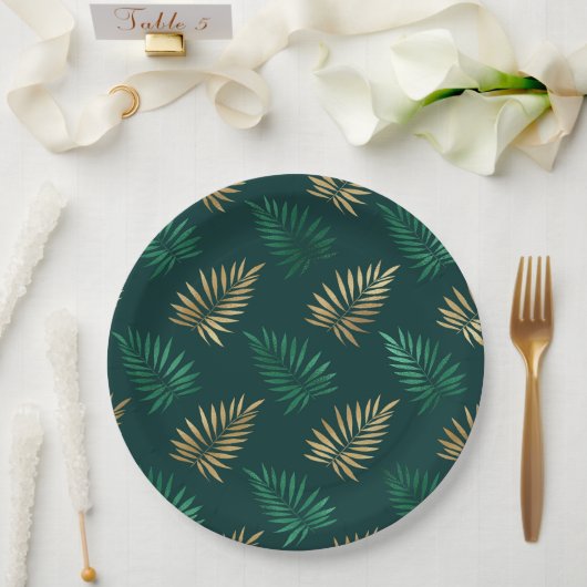 Green and Gold Glitzer auf tropischen Blätter Pappteller (Hochzeit)
