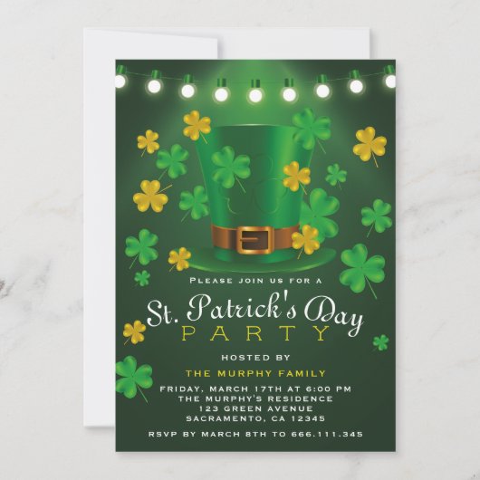 Green and Gold Kleeblatt St.Patrick's Day Party Einladung (Vorderseite)