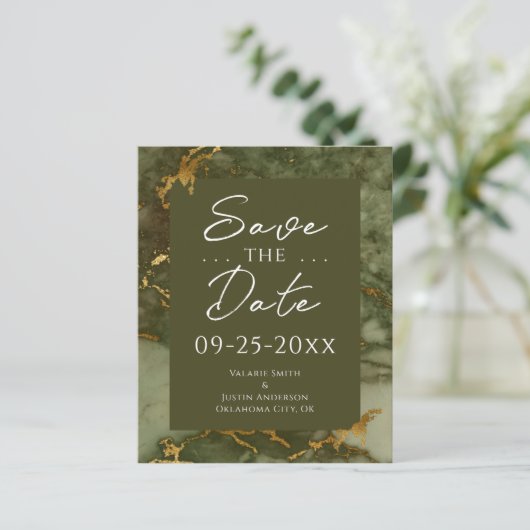 Green and Gold Marmor Budget Save the Date (Stehend Vorderseite)