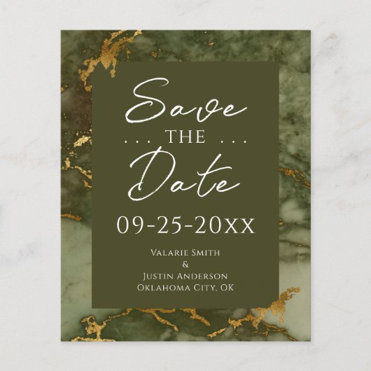 Green and Gold Marmor Budget Save the Date (Vorderseite)