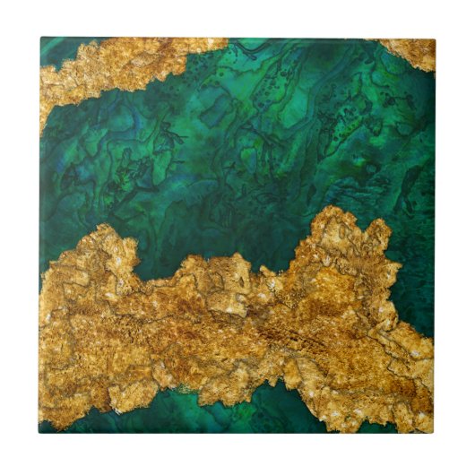 Green and Gold Mixed Media Abstract Fliese (Vorderseite)