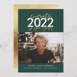 green and gold modern script graduation photo