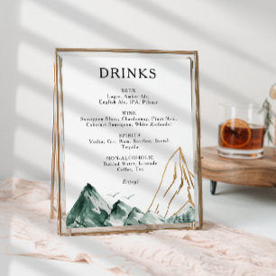 Green and Gold Mountain Wedding Drinks Menu Sign Poster