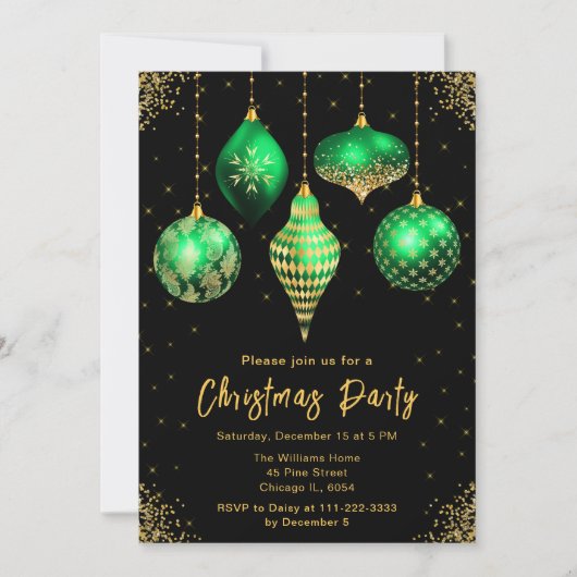 Green and Gold Ornaments Christmas Party Einladung (Vorderseite)
