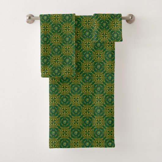 Green and gold patterned towels badhandtuch set (Insitu)