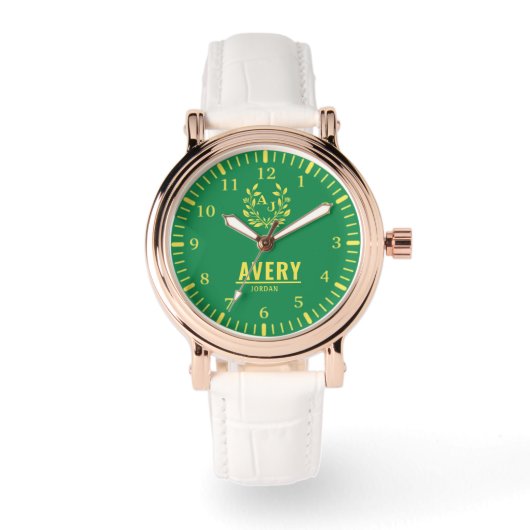 Green and Gold Personalized Custom Monogram Luxury Armbanduhr (Vorderseite)