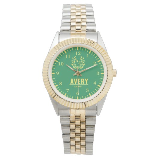 Green and Gold Personalized Custom Monogram Luxury Armbanduhr (Vorderseite)