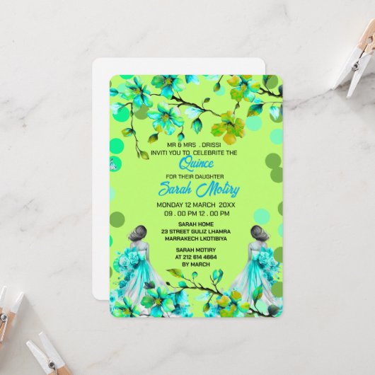 Green and Gold Quinceañera Invitation, EDITABLE 15 Einladung (Vorderseite/Rückseite Beispiel)