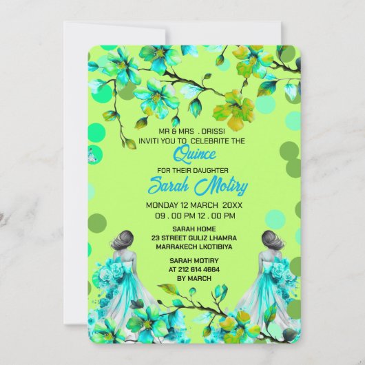 Green and Gold Quinceañera Invitation, EDITABLE 15 Einladung (Vorderseite)
