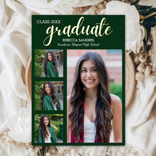 Green and Gold Script 4 Graduate Photos for Her Folieneinladung