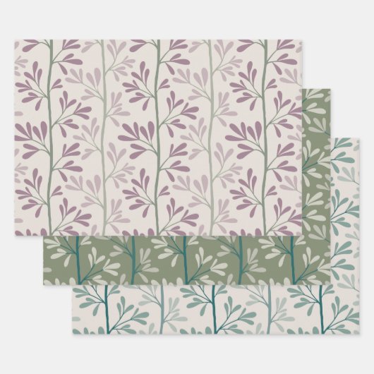 Green and Mauve Garden Stems Modern Botanical Geschenkpapier Set (Set)
