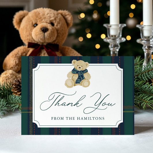 Green and Navy Plaid Teddy Bear Baby Shower Dankeskarte