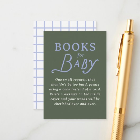 Green and Periwinkle Blue Book Request Baby Shower Begleitkarte (Vorderseite/Rückseite Beispiel)