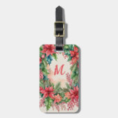 Green and Red Christmas Poinsettia Wreath Monogram Gepäckanhänger (Vorderseite vertikal)
