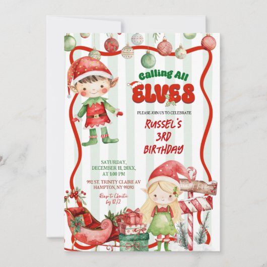 Green and Red Retro Calling All Elves Birthday Einladung (Vorderseite)