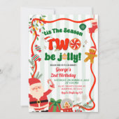 Green and Red Retro Christmas Winter 2nd Birthday Einladung (Vorderseite)