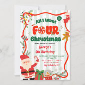 Green and Red Retro Christmas Winter 4th Birthday Einladung (Vorderseite)