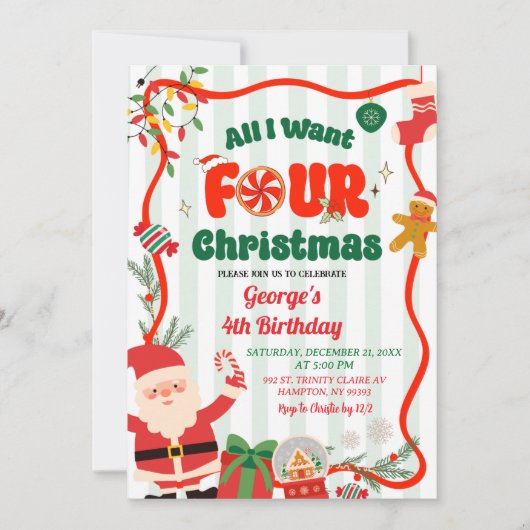 Green and Red Retro Christmas Winter 4th Birthday Einladung (Vorderseite)