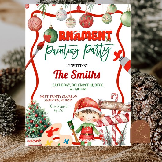 Green and Red Retro Kid's Ornament Painting Party Einladung