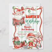 Green and Red Retro Santa's Workshop Birthday Einladung (Vorderseite)