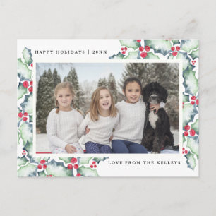 Green and Red Watercolor Holly, Holiday Photo Postkarte