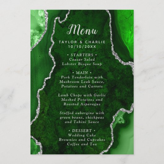 Green and Silver Agate Marble Wedding Menükarte (Vorderseite)