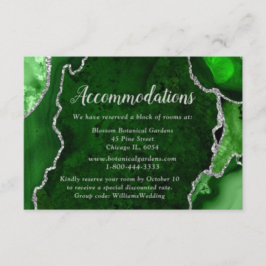 Green and Silver Agate Wedding Accommodations Begleitkarte (Vorderseite)