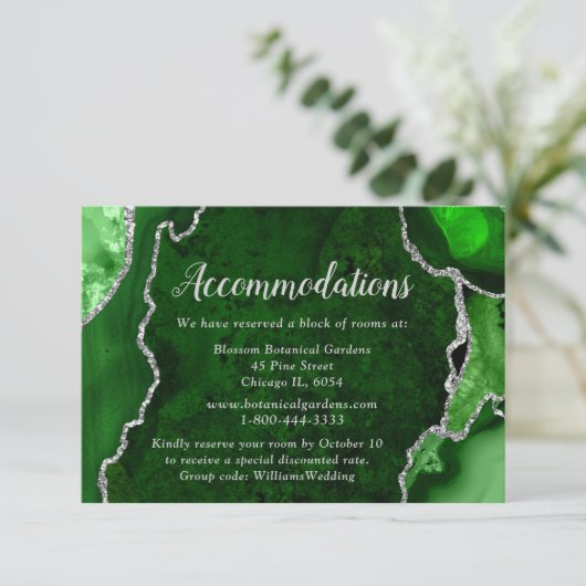Green and Silver Agate Wedding Accommodations Begleitkarte (Stehend Vorderseite)