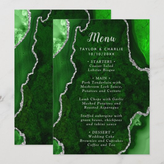 Green and Silver Agate Wedding Menu Menükarte (Vorne/Hinten)