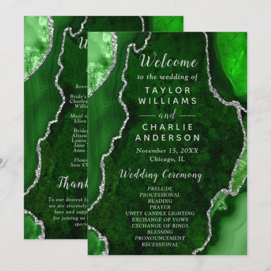 Green and Silver Agate Wedding Program Programm (Vorne/Hinten)
