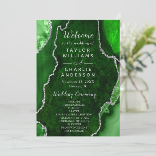 Green and Silver Agate Wedding Program Programm (Stehend Vorderseite)