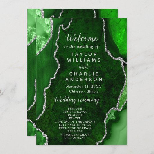 Green and Silver Agate Wedding Program Programm (Vorne/Hinten)