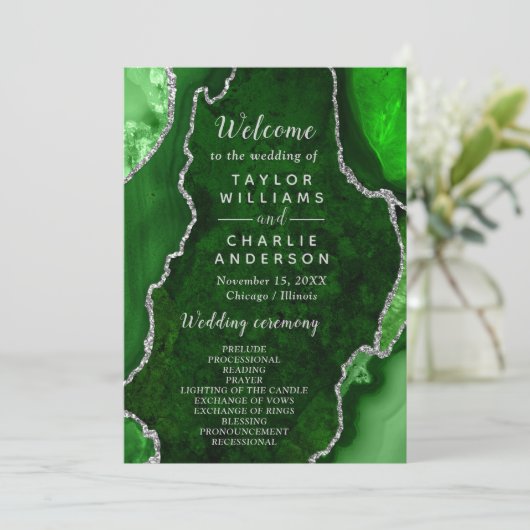 Green and Silver Agate Wedding Program Programm (Stehend Vorderseite)