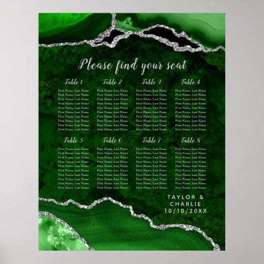 Green and Silver Agate Wedding Seating Chart Poster (Vorne)