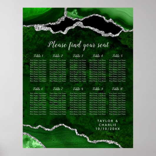 Green and Silver Agate Wedding Seating Chart Poster (Vorne)