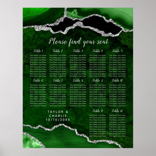 Green and Silver Agate Wedding Seating Chart Poster (Vorne)