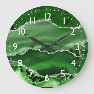 Green and Silver Faux Glitter Marble Agate  Große Wanduhr