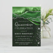 Green and Silver Glitter Agate Quinceanera Einladung (Stehend Vorderseite)