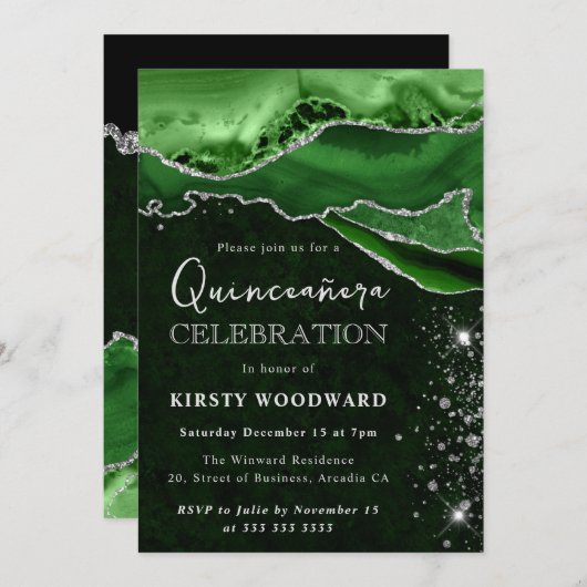 Green and Silver Glitter Agate Quinceanera Einladung (Vorne/Hinten)