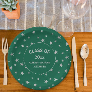 Green and Silver Stars Graduierungsparty Pappteller