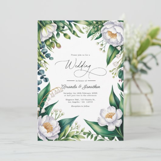 Green and White Botanical Floral Wedding QR Code Einladung (Stehend Vorderseite)