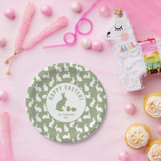 Green And White Bunny Pattern Happy Easter Pappteller (Party)