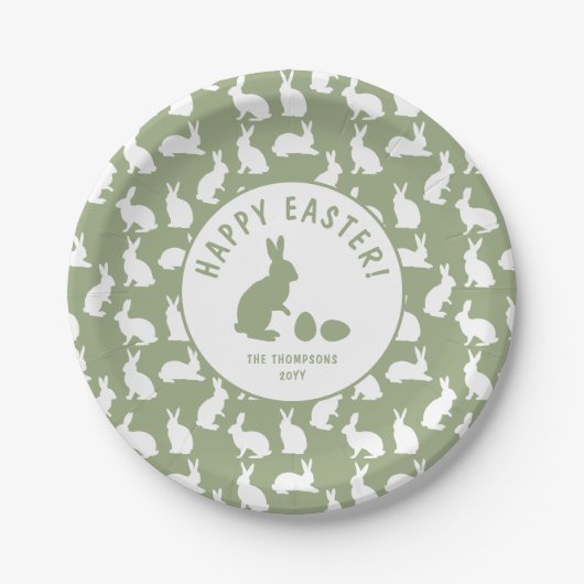 Green And White Bunny Pattern Happy Easter Pappteller (Vorderseite)