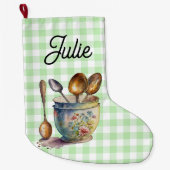 "Green and White Checkered - Spoons in Cup Großer Weihnachtsstrumpf (Vorderseite)