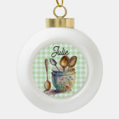 "Green and White Checkered - Spoons in Cup Keramik Kugel-Ornament (Vorderseite)