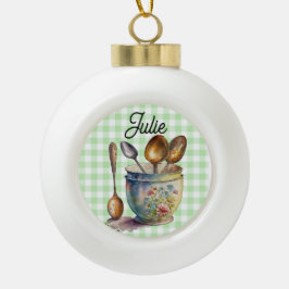 "Green and White Checkered - Spoons in Cup Keramik Kugel-Ornament